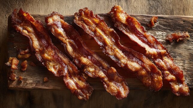 Overhead view of curled bacon strips with crunchy texture and rich color tones on a wooden board
