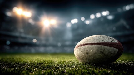 Rugby ball centered on a green turf with dramatic shadows and stadium lights in background