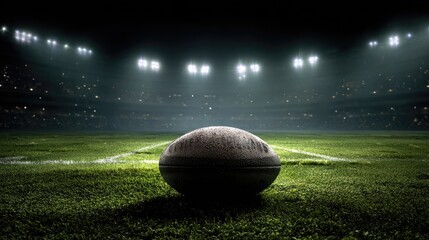 Rugby ball centered on a green turf with dramatic shadows and stadium lights in background