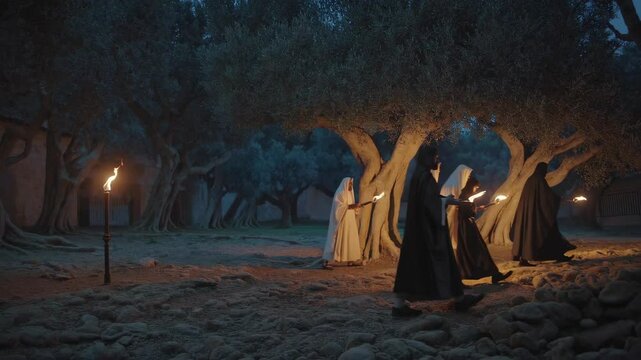 The arrest of Jesus by the Temple guards in the Garden of Gethsemane. Biblical scene