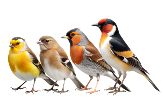 A diverse group of four small, colorful songbirds standing together, isolated on white isolated on transparent background