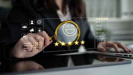 Customer feedback and satisfaction rating system showing star review, happy face, performance...