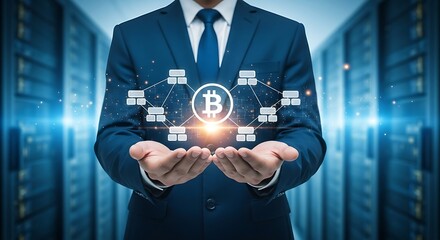 Businessman holding Bitcoin symbol with connected network nodes in front of server room.