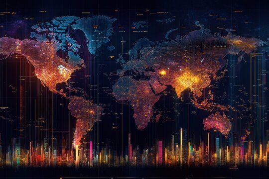 Global user data distribution visualized over an enhanced world map with vibrant color representation, Global user data distribution over world map with numerical statistics - Powered by Adobe