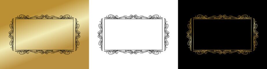 Elegant horizontal frame for postcards and typography,  isolated vector image, three design variants - on gold, transparent and black backgrounds, frame set