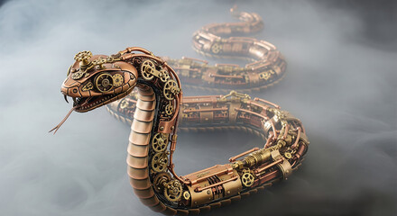 Intricate mechanical snake in a steampunk style, crafted from copper and brass with visible gears and mechanisms, surrounded by smoke
