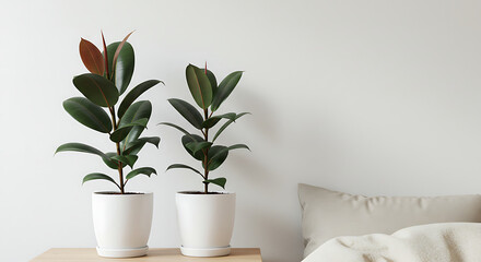 Two rubber plants in white pots adorn a modern interior setting
