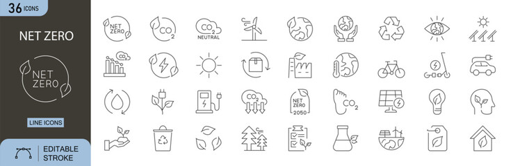 Net Zero icons set. Includes icons for carbon , sustainable energy, climate action, green technology, recycling, and eco-friendly solutions. Editable stroke. Line icons. Perfect for infographics.