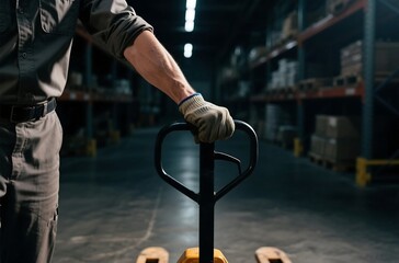 Worker gripping pallet jack handle, dramatic industrial lighting, cinematic warehouse photography for strength and precision visuals