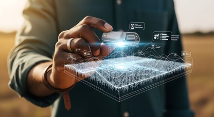 A person uses a handheld device to analyze a 3D holographic model of a field, showcasing precision agriculture technology.