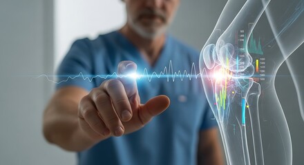 Doctor interacts with a digital holographic projection of a human knee, examining its detailed anatomy and biometrics.