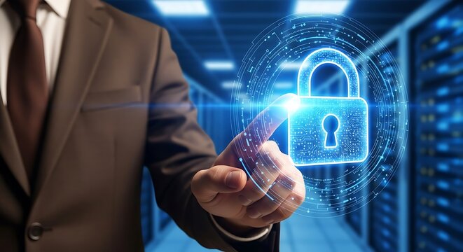 Businessman secures digital data, activating a glowing holographic padlock in a server room.
