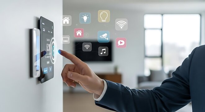 Man controls smart home technology via wall-mounted touchscreen interface, showcasing automated home features.
