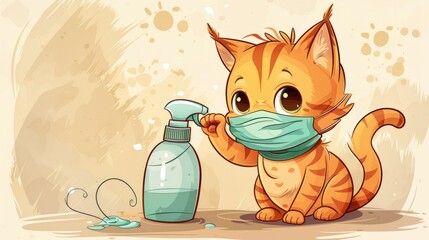 Cute Cartoon Cat Wearing Mask and Holding a Potion Bottle