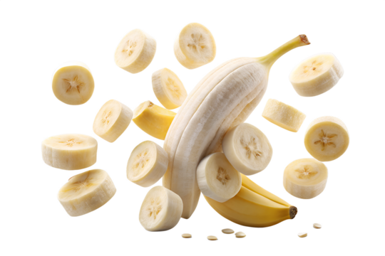 A peeled banana with slices floating around it isolated on a transparent background
