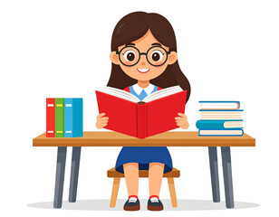 Student reading at desk, education cartoon style, transparent background