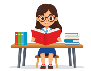 Student reading at desk, education cartoon style, transparent background