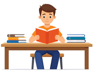 Student reading at desk, education cartoon style, transparent background