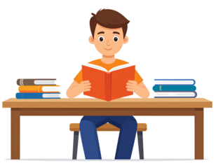 Student reading at desk, education cartoon style, transparent background