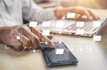 Digital file structure showing folder organization, file hierarchy, and document arrangement. File...