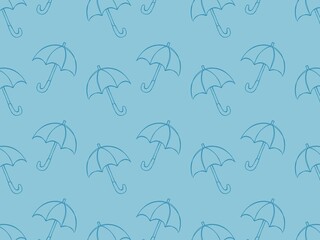 Hand drawn umbrellas in doodle style on blue background repeating raster pattern