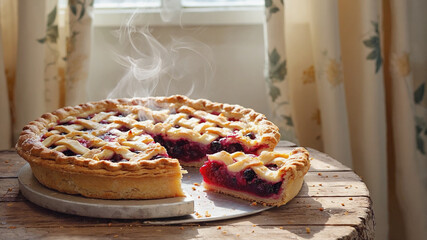 Rustic Lattice-Top Berry Pie with Slice Cut Out 