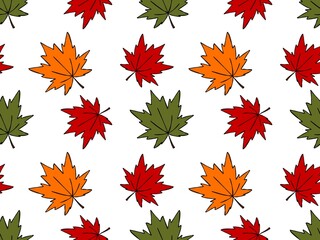 Autumn repeating pattern with colorful maple tree leaves in flat style