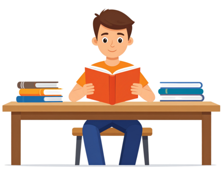 Student reading at desk, education cartoon style, transparent background - Powered by Adobe