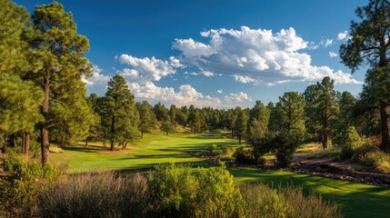 Obraz premium A scenic golf course bordered by pine trees under a deep blue sky with fluffy clouds