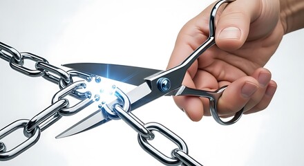 A hand uses scissors to cut through a metal chain, symbolizing freedom.
