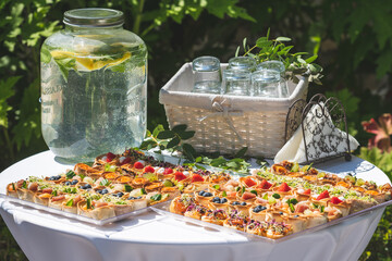 Table set with a jar of fresh water, a basket with glasses, napkins and canapes or starter, during...