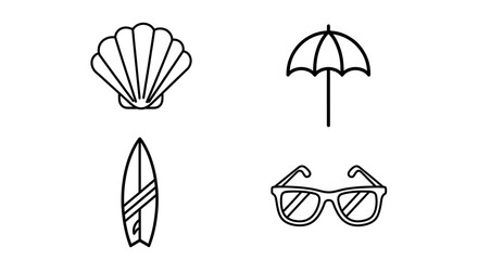 Four outlined icons depicting summer vacation elements: a seashell, a beach umbrella, a surfboard, and sunglasses.