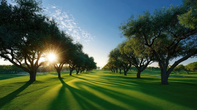 A sunlit fairway with symmetrical tree borders and a vast clear sky