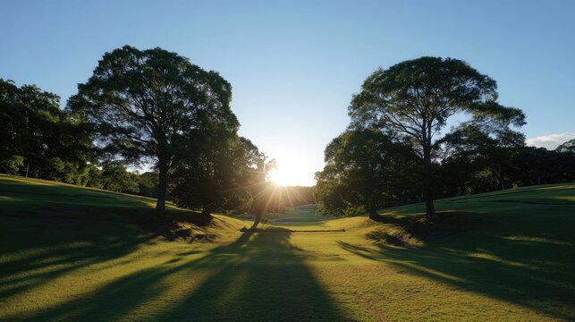 A sunlit fairway with symmetrical tree borders and a vast clear sky