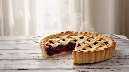 Rustic Lattice-Top Berry Pie with Slice Cut Out 