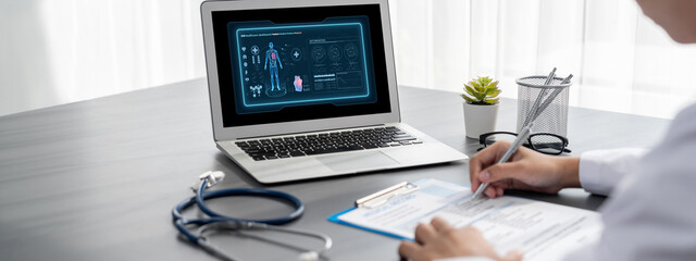 Medical science technology and futuristic healthcare virtual computer software analyze human health...
