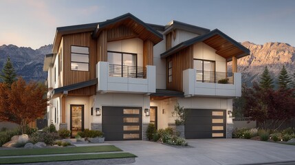 Contemporary townhouse exterior with symmetrical design, garage doors, and neat landscaping