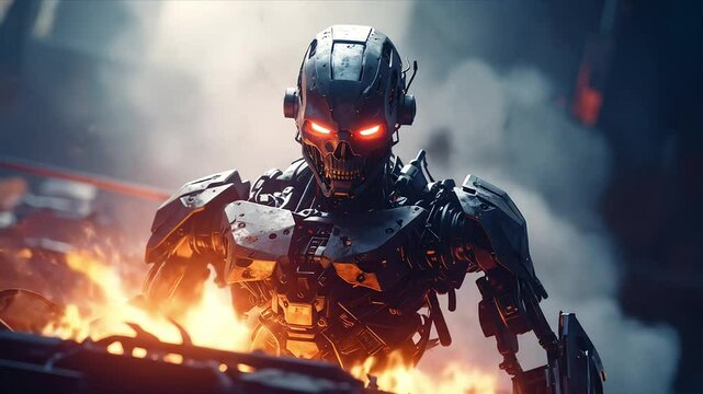 A menacing cyborg figure with glowing red eyes amid fire and smoke