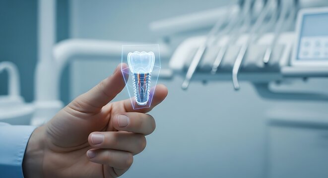 Dentist holding a digital 3D model of a tooth, showcasing dental implant technology in a modern dental office.