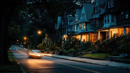 Obraz premium Evening scene of lit townhouse porches along a peaceful suburban road