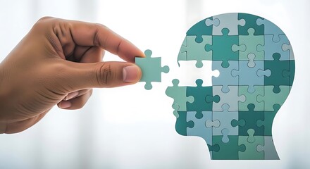 Hand placing final puzzle piece completing a head-shaped jigsaw, symbolizing problem-solving or mental wellness.