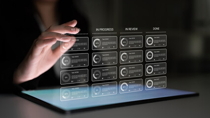 Task management tool dashboard showing kanban-style workflow with columns for to do, in progress,...