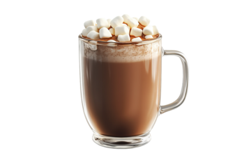 A glass mug of hot chocolate with marshmallows, isolated on a white isolated on a white isolated on a transparent background in PNG format.