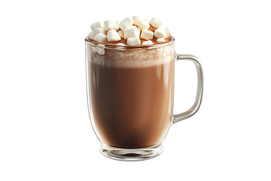 A glass mug of hot chocolate with marshmallows, isolated on a white isolated on a white isolated on a transparent background in PNG format.