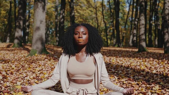 Peaceful Black Woman Meditating in Autumn Forest During Golden Hour for Wellness and Mindfulness Lifestyle