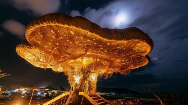 Giant mushroom structure at night