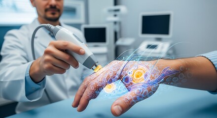 Doctor using a medical device on a patient's hand, augmented with a digital overlay of biological structures.