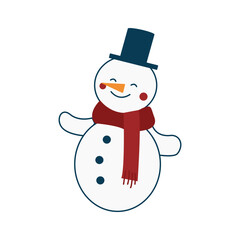 Christmas cute snowman in black top hat and red scarf on white background. Funny cartoon vector illustration. Design element for New Year and Christmas. Winter illustration for winter decor, packaging