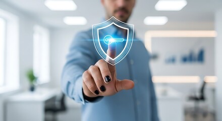 A man in a blue shirt interacts with a digital security shield icon.