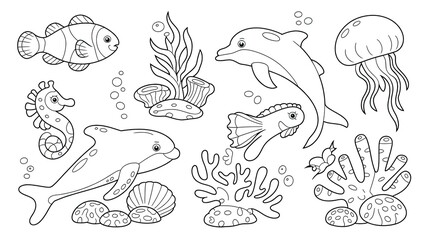 Black and white line art illustration of a playful underwater scene with marine life and coral dolphin